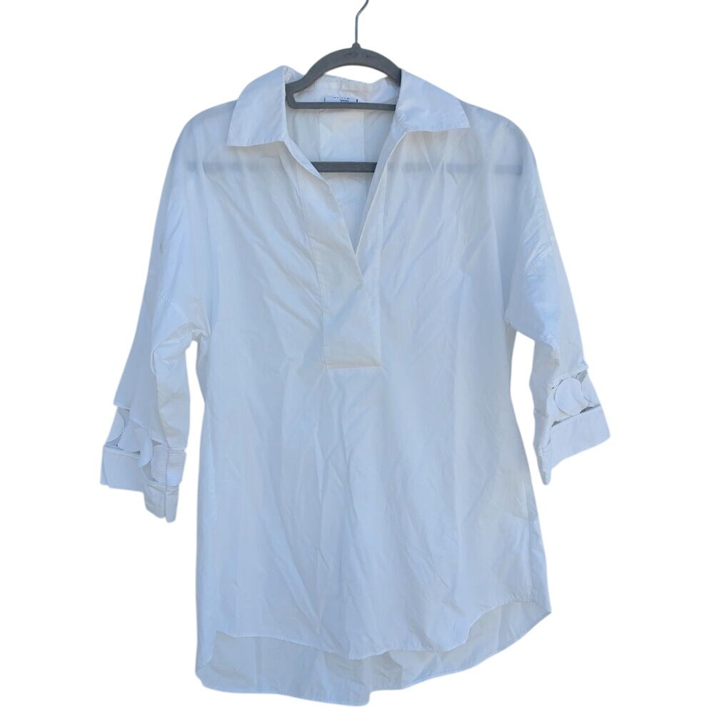 Akris Punto White Tunic‎ Blouse, 3/4 Length Sleeve, Cut Out Detailing, Sz 4